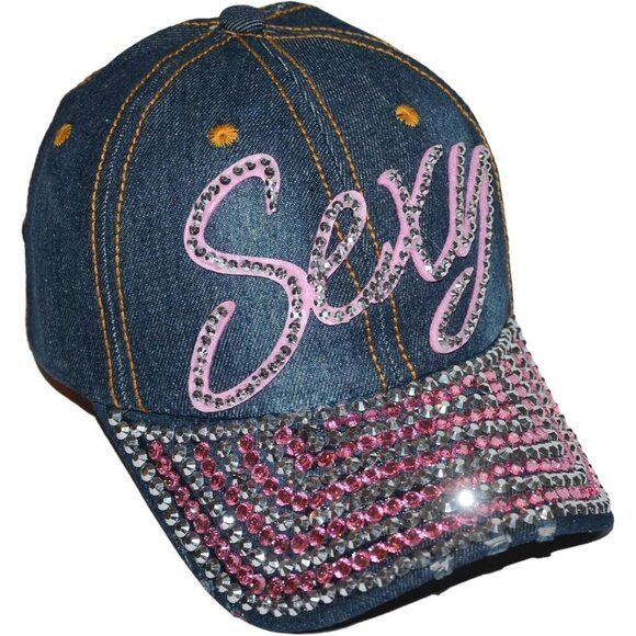 Women Girls Denim Baseball Cap Rhinestone Bling Distressed Sun Hat Gift